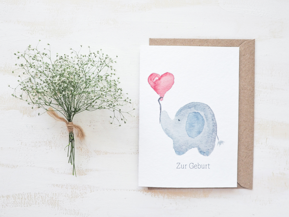 Grußkarte zur Geburt mit handgemaltem Elefantenmotiv
